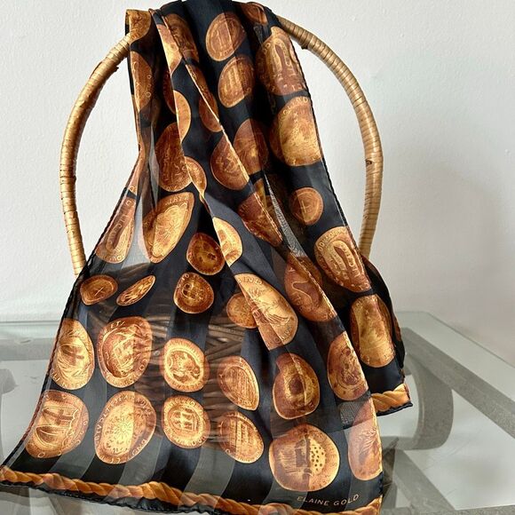 Elaine Gold Accessories - Vintage Elaine Gold Silky Sheer Scarf | Brown & Black, Antique Coins Pattern EUC